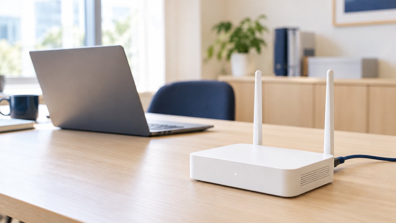 開けたデスクに置いたWi-Fiルーターとノートパソコンのイメージ