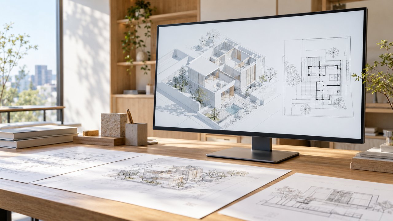 建物の立体モデルと平面図を並べた設計作業のイメージ