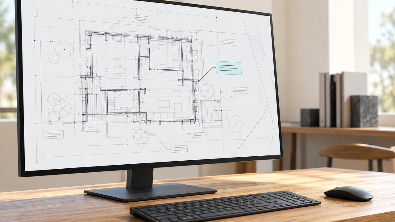 図面の注記を確認するCAD作業のイメージ
